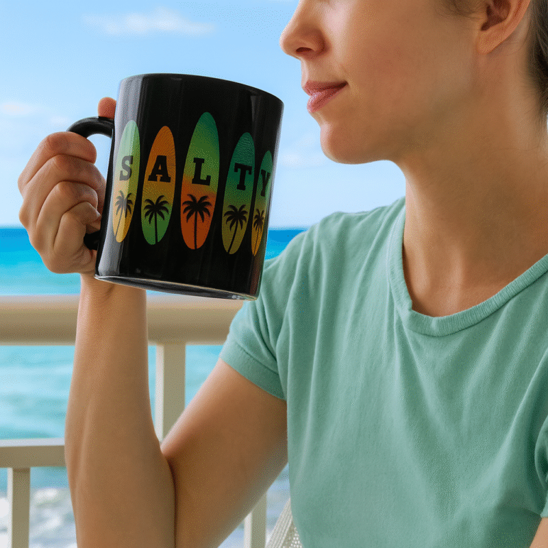 Surf-Inspired Salty Ceramic Mug, Beach Decor, Coffee Lover Gift, Tropical Vibe, Unique Kitchen Item